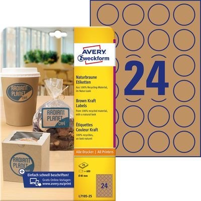 Brązowe etykiety na produkty, A4, 25 ark./op., Q40 mm, okrągłe, AVERY ZWECKFORM, L7105-25 Brązowe etykiety na produkty, A4, 25 ark./op., Q40 mm, okrągłe, AVERY ZWECKFORM, L7105-25