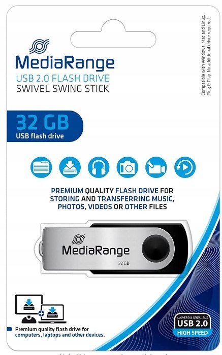 Pamięć Pendrive MediaRange 32GB USB 2.0, obracany, srebrno-czarny, MR911