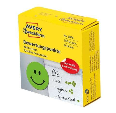 Kółka Uśmiechnięta buźka 3858 Q19 w rolce Kółka z symbolami do zaznaczania, trwałe, 250 szt. / rolka, zielone, Avery Z Kółka Uśmiechnięta buźka 3858 Q19 w rolce Kółka z symbolami do zaznaczania, trwałe, 250 szt. / rolka, zielone, Avery Z