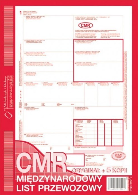 800-3N CMR A4 78kartek 1+5 numerowany międzynarodowy list przewozowy M&P