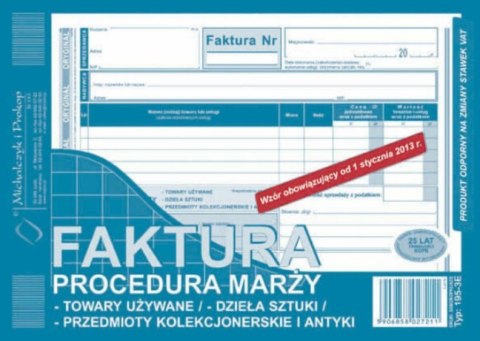 195-3E Faktura procedura marży towary używane A5 (o+1k) MICHALCZYK 195-3E Faktura procedura marży towary używane A5 (o+1k) MICHALCZYK