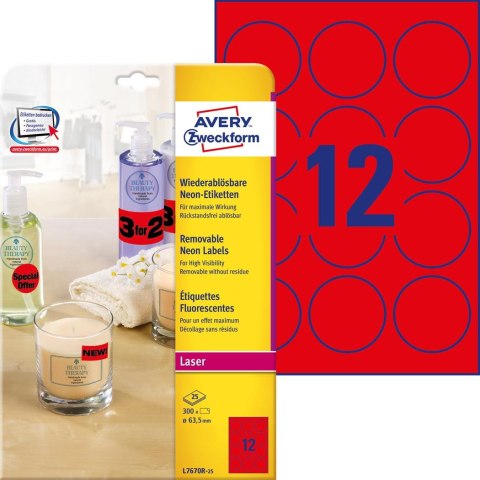 Etykiety czerwone neonowe L7670R-25 Q63,5 25 ark Usuwalne, Avery Zweckform Etykiety czerwone neonowe L7670R-25 Q63,5 25 ark Usuwalne, Avery Zweckform